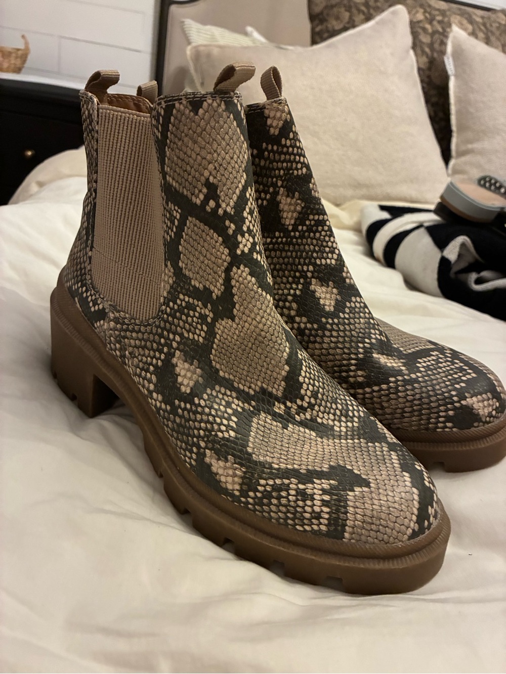 Snake-Print Chelsea Lug Boot in Tan